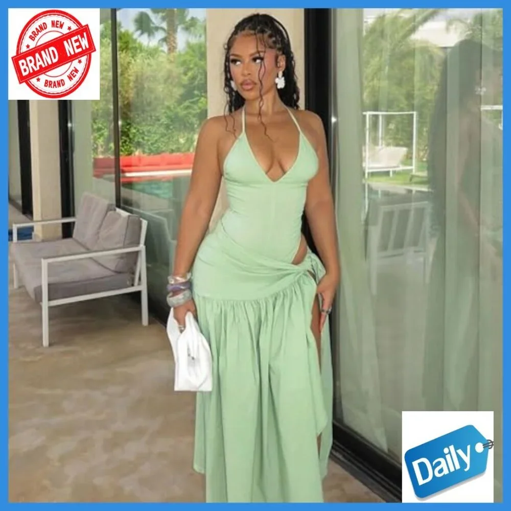 2-Piece Maxi Skirt Set with Bodysuit Top, V-Neck Halter Coverup